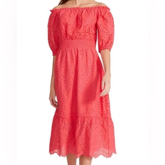 Betsey Johnson | Large Coral Cotton Off Shoulder Puff Sleeve Eyelet Midi Dress - Picture 3 of 8
